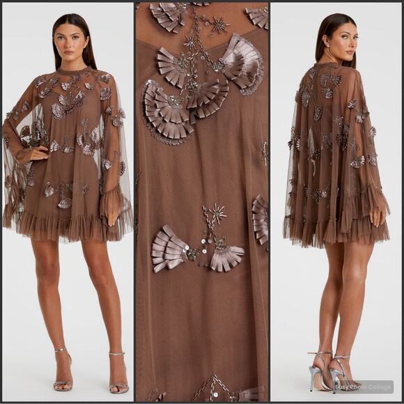 Mac Duggal Dresses & Skirts - MAC DUGGAL 9257 Brown Embellished Long Flare Sleeve Mesh A-Line Dress